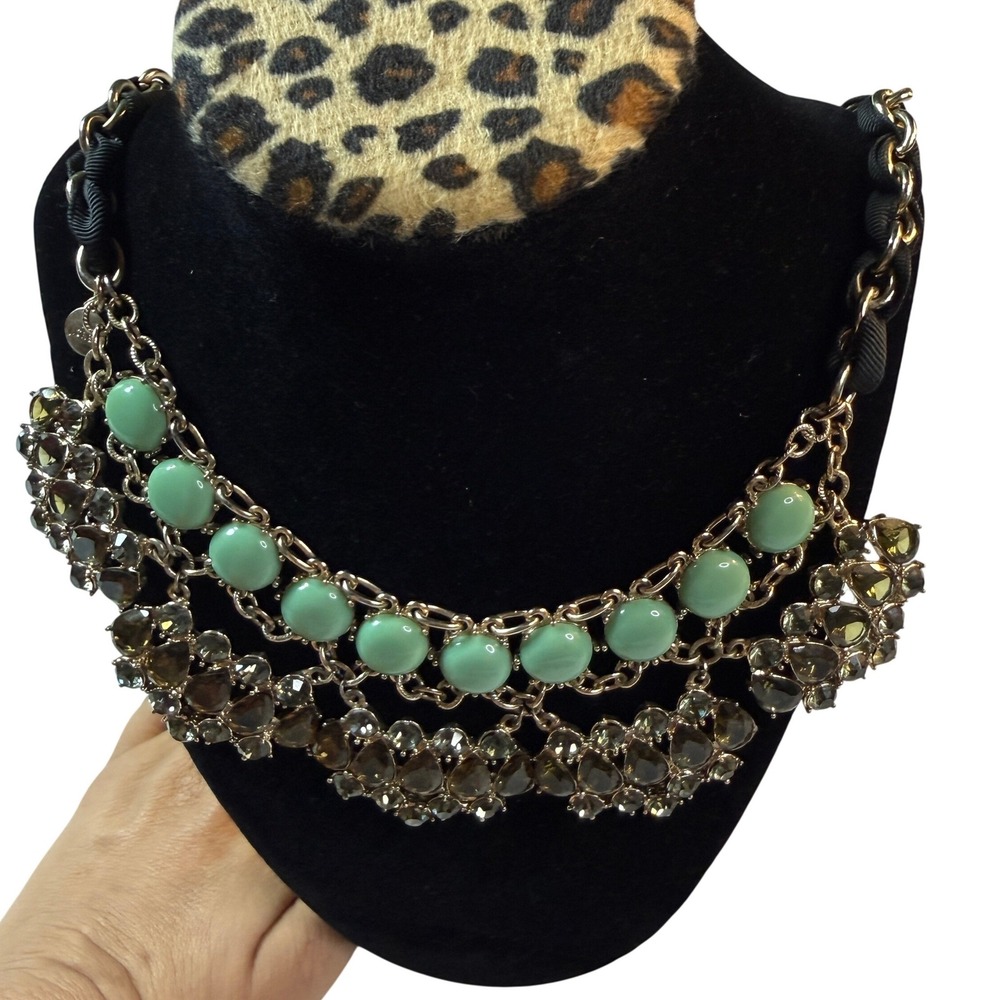 Vintage J.Crew Bib Necklace Mint Green Ribbon Chain Statement Bead